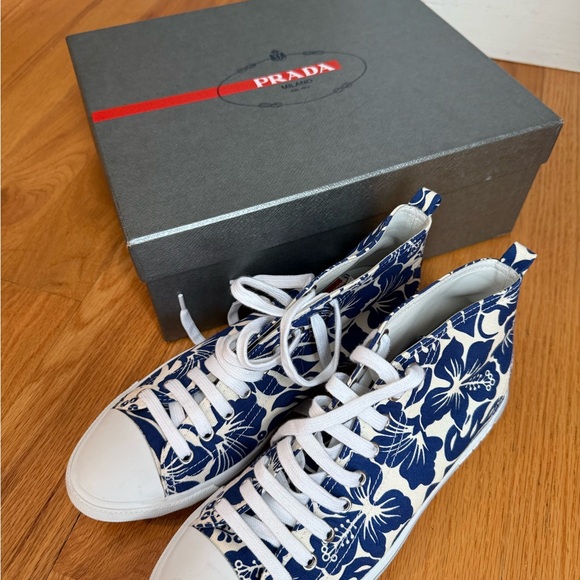 Prada Shoes - Prada White and Blue Floral Sneakers